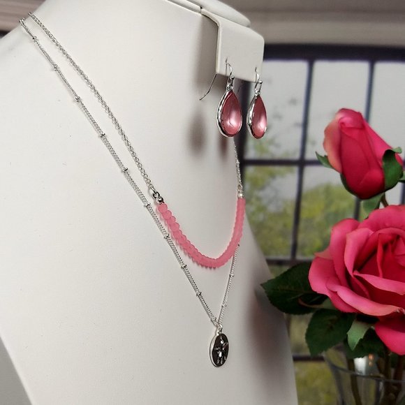 NIB AVON 2 TIER SILVER TONE SAND DOLLAR NECKLACE AND EARRING SET (PINK) - Picture 9 of 14